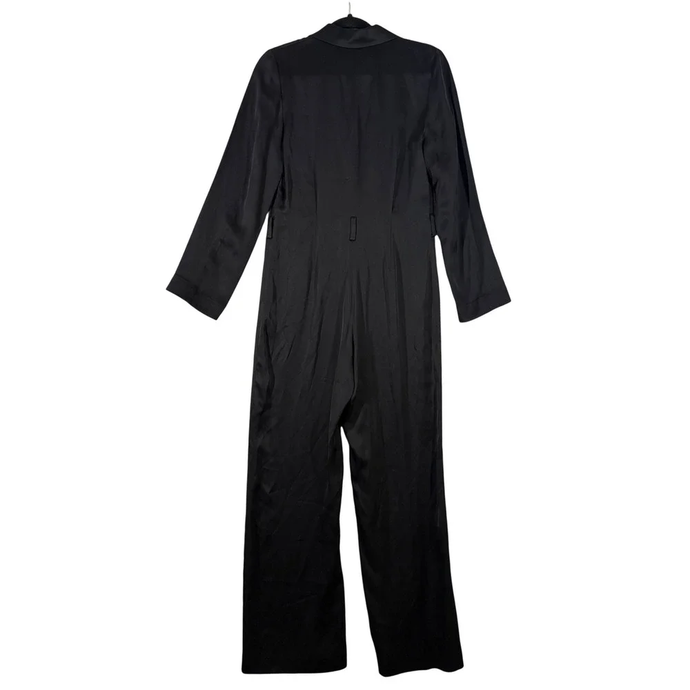 & Other Stories Fluid Padded Shoulder Satin Jumpsuit‎ Sz 6 Black Wide Leg V Neck